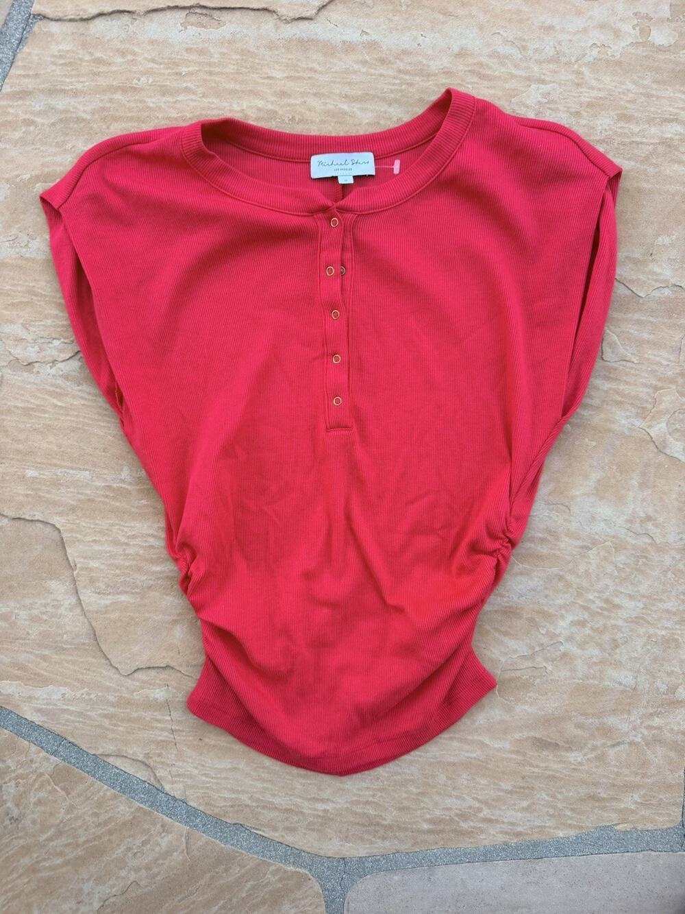 MICHAEL STARS Red Ribbed JONI Snap Button Ruched Side Henley Top Sz S